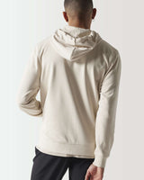Light beige full-zip hoodie with hood, back view and kangaroo pocket