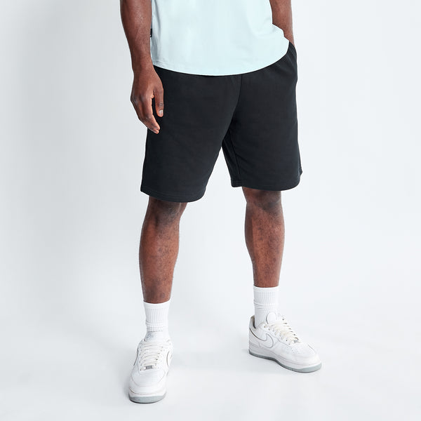 Black sweat shorts with side pockets and straight knee-length cut