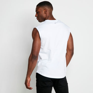 Men's white cut-off sleeveless T-shirt with crew neck, back view