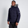 Men's dark puffer jacket with faux-fur hood, full-zip front, and side pockets