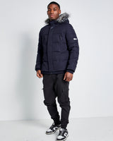 Men's dark puffer jacket with faux-fur hood and full-length zipper front