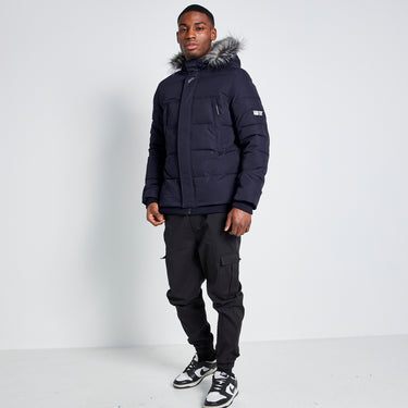 Men's dark puffer jacket with faux-fur hood and full-length zipper front