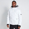 White padded winter jacket with fur-trimmed hood, front zipper, and side pockets