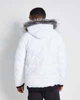 White padded jacket with fur-trimmed hood, rear view