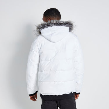 White padded jacket with fur-trimmed hood, rear view