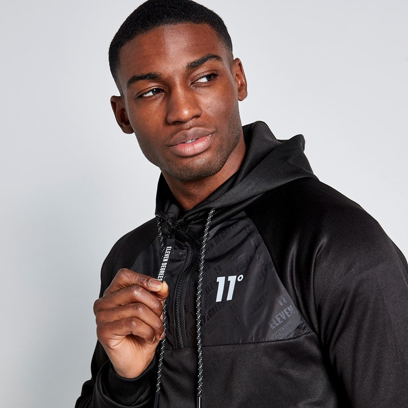 Half Zip Printed Panel Hoodie Black 11 Degrees