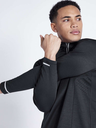 Black quarter-zip top with ribbed cuffs and zipper pull detail