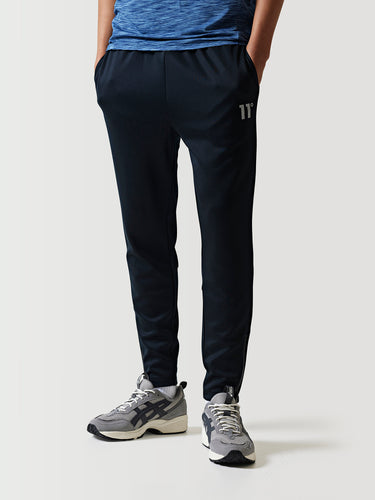 Black athletic pants with white trim accents on pockets and lower legs.