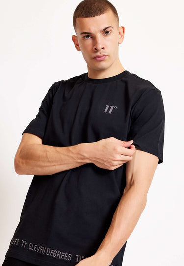 Black crew-neck t-shirt with 3D embroidered chest logo and branded hem strip