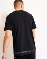 Black crew-neck t-shirt, back view, embroidered '11°' and branded hem strip