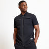 Black utility short-sleeve shirt with full front zipper and chest flap pockets