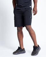 Black utility shorts with cargo pockets and belt loop detail