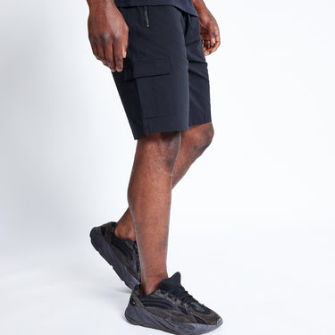 Black utility shorts, knee length, side cargo pockets and adjustable waist