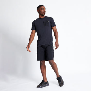 Black utility shorts with front cargo pocket and relaxed fit