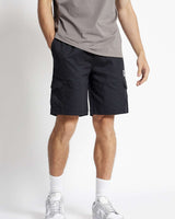 Black woven cargo shorts with side cargo pockets and straight hem