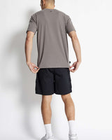 Black cargo shorts, back view, with side pockets and utility pocket details