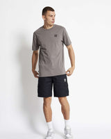 Black woven cargo shorts with belt loops, front cargo pocket, and small leg logo