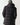Black longline puffer jacket back view with attached hood and quilted panels