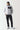 Micro puffer jacket with black front panel, hood, full zip; white/gray body