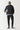 Black overhead hybrid jacket with hood, full front zipper, quilted front panels