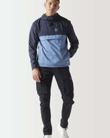 Color-block hooded pullover jacket, navy upper and light blue front panel