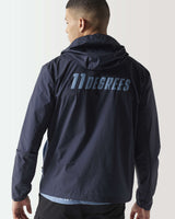 Navy hooded pullover jacket with large '11 DEGREES' print on back