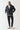 Black puffer jacket with zip front, hood, and taped sleeve details