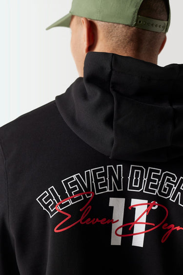 Black hoodie back logo graphic with 'ELEVEN DEGREES' and red underline