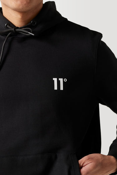 Black hoodie with '11°' chest logo and kangaroo pocket