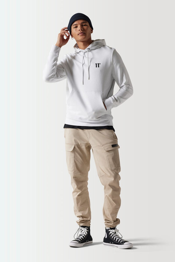 White pullover hoodie with front logo, hood drawstrings, and kangaroo pocket.