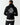 Black hoodie with large back crest graphic and drawstring hood
