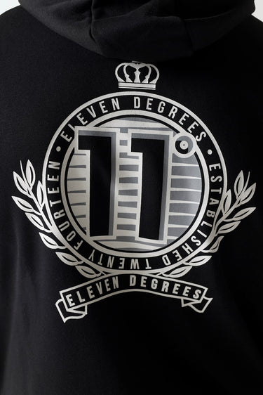 Black hoodie close-up of large back crest logo print