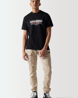 Black crewneck t-shirt with front graphic print, short sleeves