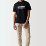Black crewneck t-shirt with front graphic print, short sleeves