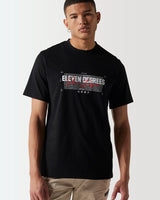 Black crewneck graphic t-shirt on model, short sleeves and straight hem