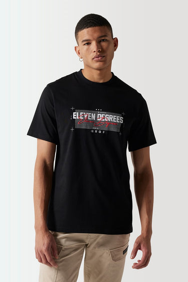Black crewneck graphic t-shirt on model, short sleeves and straight hem