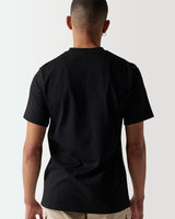 Black crewneck t-shirt, short sleeves; plain back view