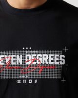 Black t-shirt close-up of red and white front graphic print