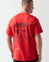 Fiery red graphic t-shirt, back view with large Tech-style print