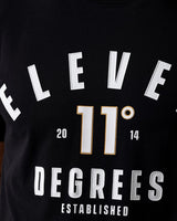 Black t-shirt with large 'Eleven Degrees' logo graphic and numbers
