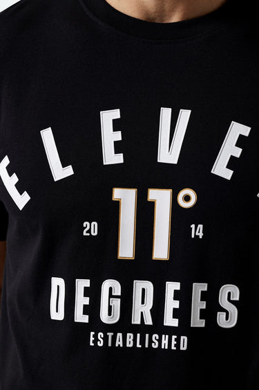 Black t-shirt with large 'Eleven Degrees' logo graphic and numbers