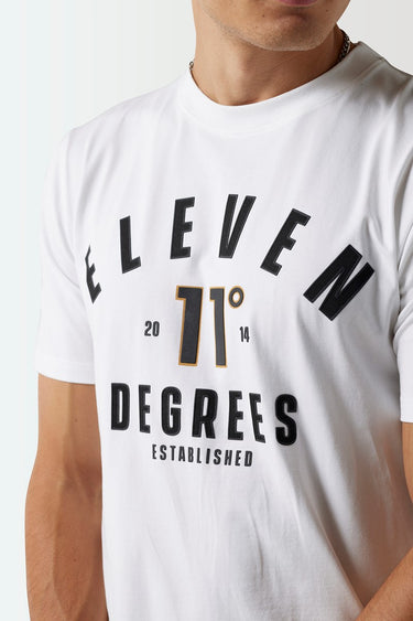 White crewneck t-shirt close-up of Eleven 11° Degrees print