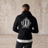 Black hoodie with large crest logo graphic on back, front pouch pocket and hood