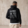 Black pullover hoodie with hood and large white front graphic print