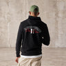 Black streetwear hoodie with hood and large front graphic logo, kangaroo pocket