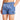 Close-up of blue swim shorts: elastic waistband and side taping with logo on leg.