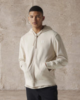 Men's light sand full-zip hoodie with drawstring hood and kangaroo pocket