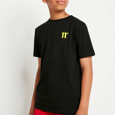 Red junior swim shorts with elastic waistband and black 11° logo on front