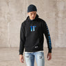 Black gradient hoodie with front '11°' print and blue side sleeve lettering