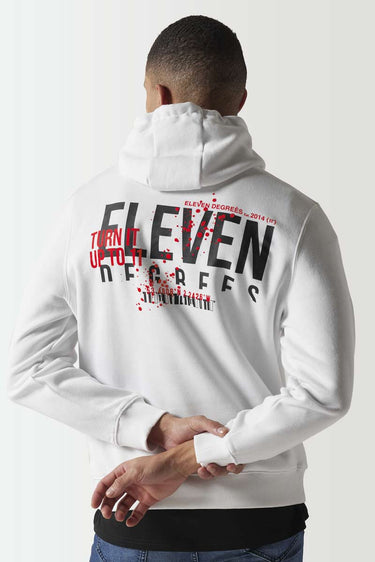White hoodie with large back graphic text and red paint splatter design